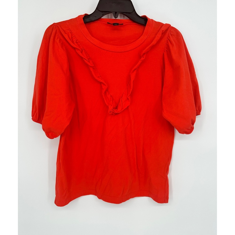 J Crew Women Orange Puff Sleeve Ruffle Neck Casual‎ Top XS